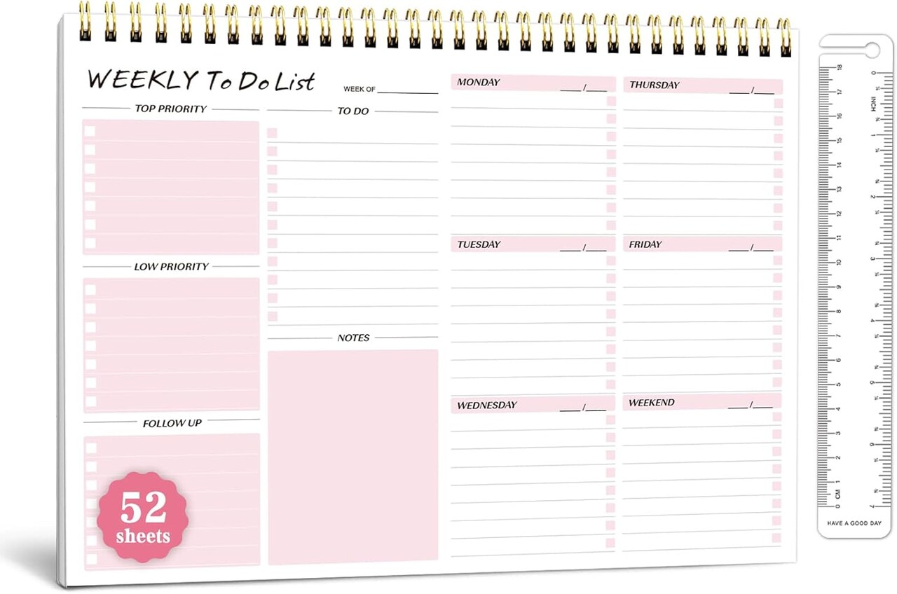 Weekly To Do List Notepad - 52 Undated Sheets Weekly Planner A4 Size(8.5"×11")Spiral Desk Checklist Notebook with Ruler Storage Pocket Perfect for Office Home School Teacher Supplies - Pink
